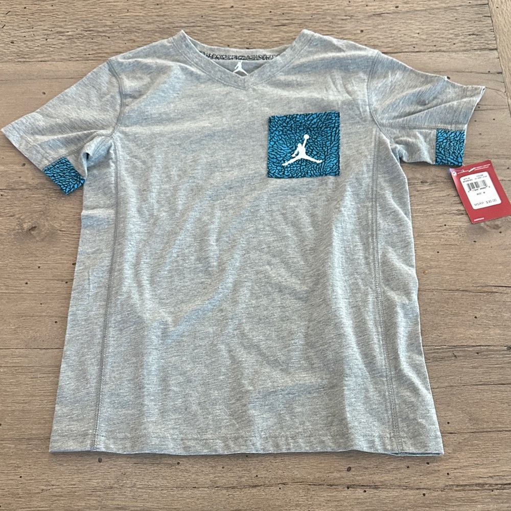 New With Tags Jordan Gray Tee with Blue Patterned Pocket